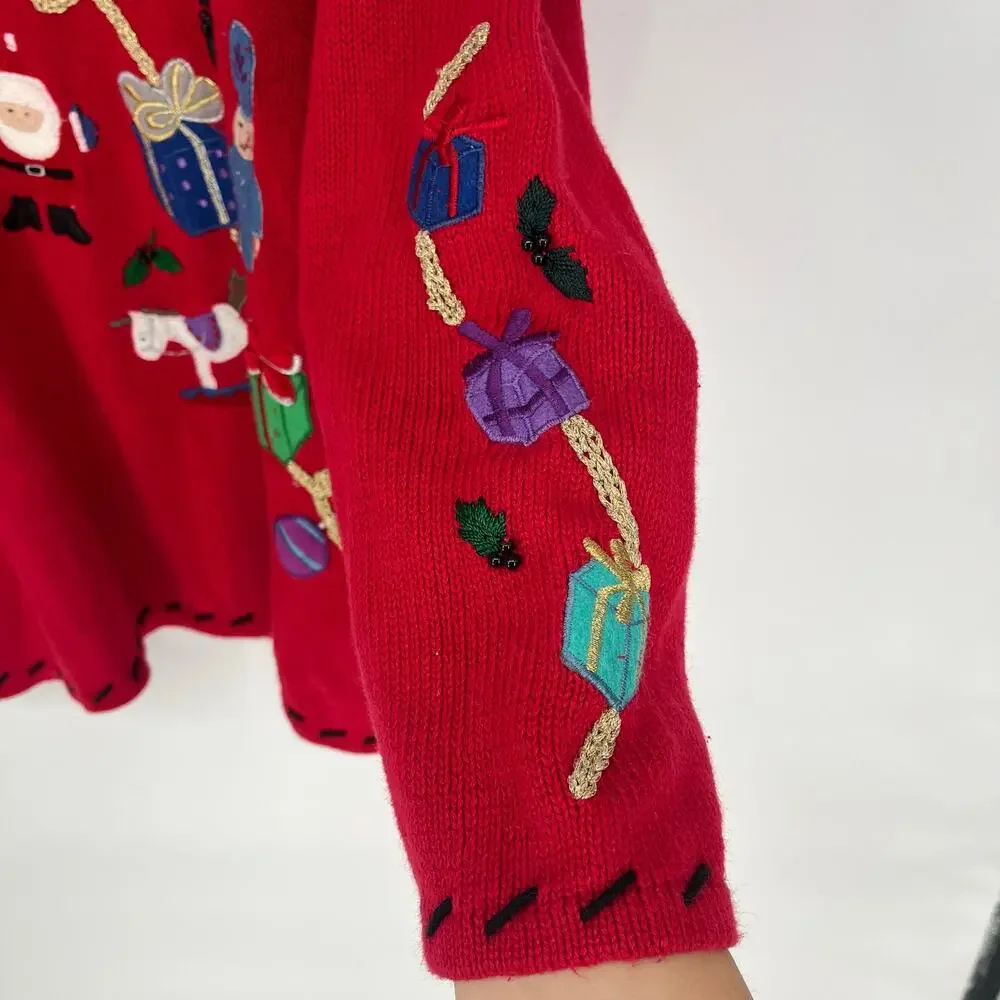 Vintage Red Christmas Sweater Embroidered Santa Toys Gifts Holiday Pullover
